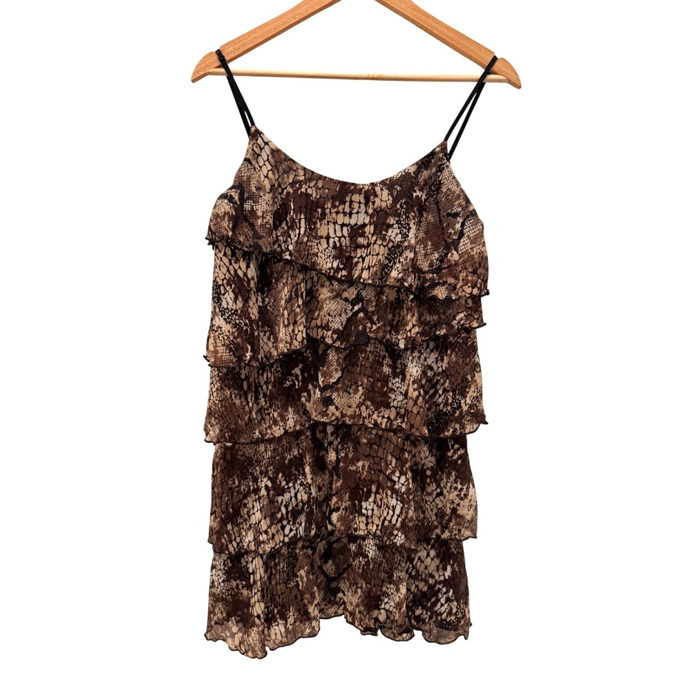 Julie's Closet Brown Snakeskin Tiered Ruffle Mini Dress Y2K Small Babydoll Indie